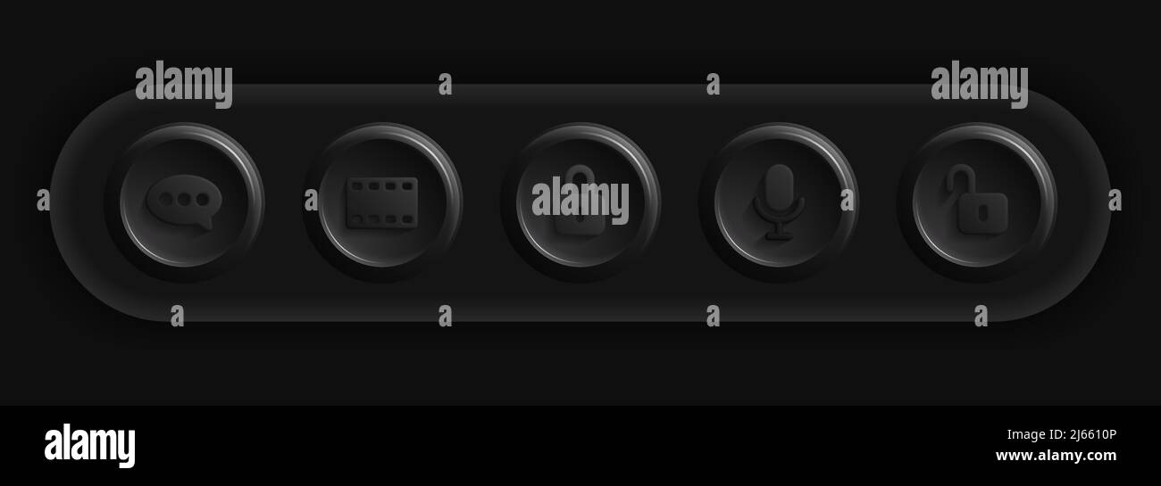 Dark Apps Icon Set. Messenger, Movie, Locker, Micro Buttons. Vector illustration Stock Vector