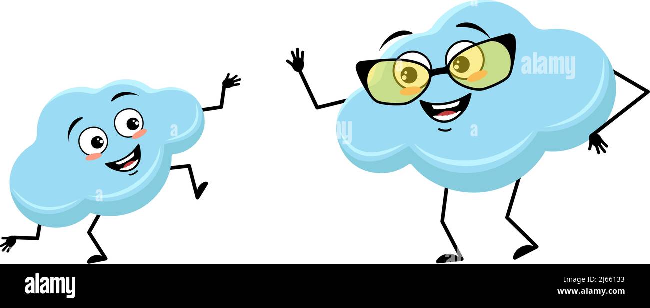 Cloud character with glasses and grandson dancing character with happy emotion, joyful face, smile eyes, arms and legs. Person with funny expression and pose. Vector flat illustration Stock Vector