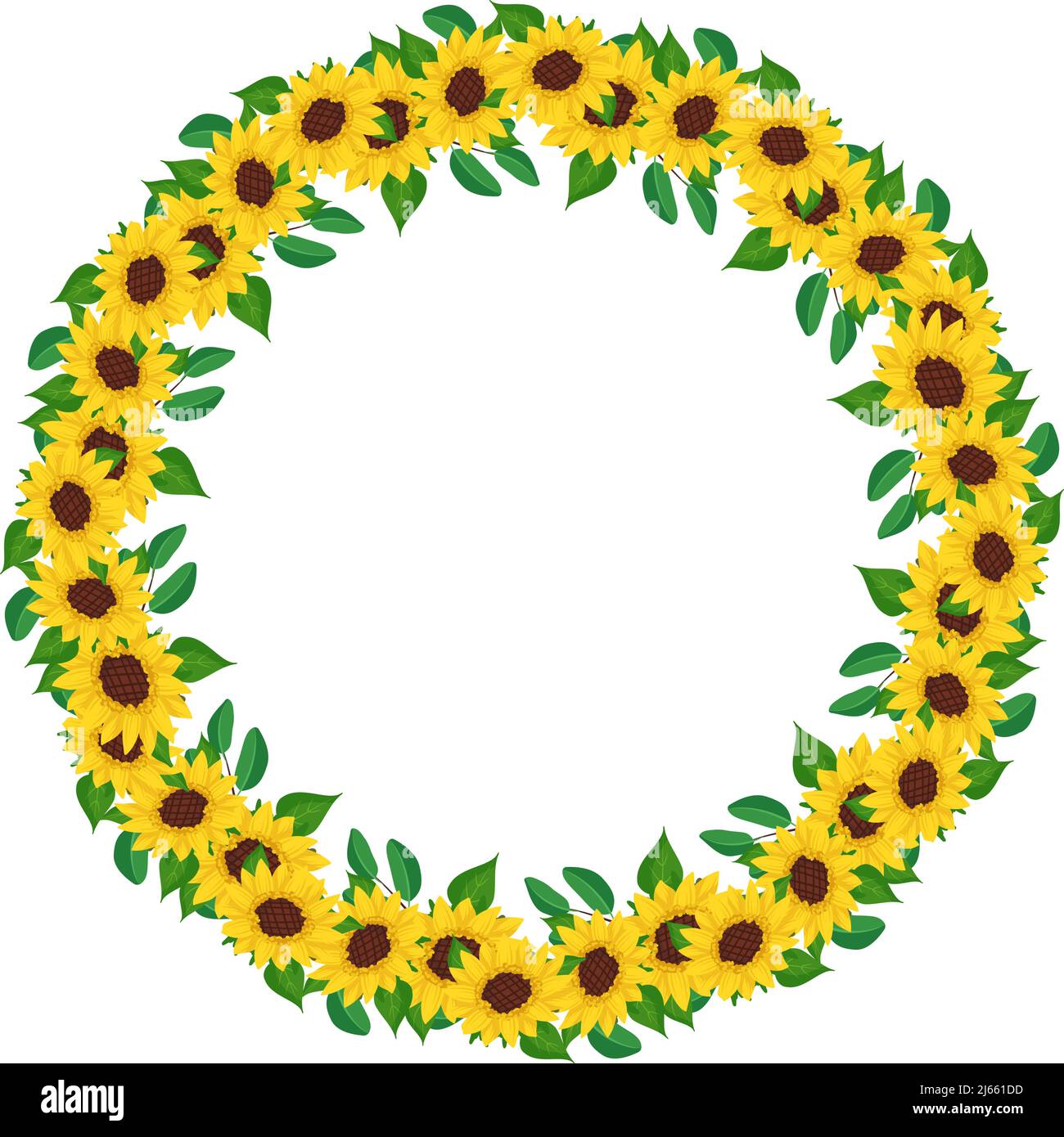 Yellow sunflower wreath with green leaves. Round frame, cute bright ...