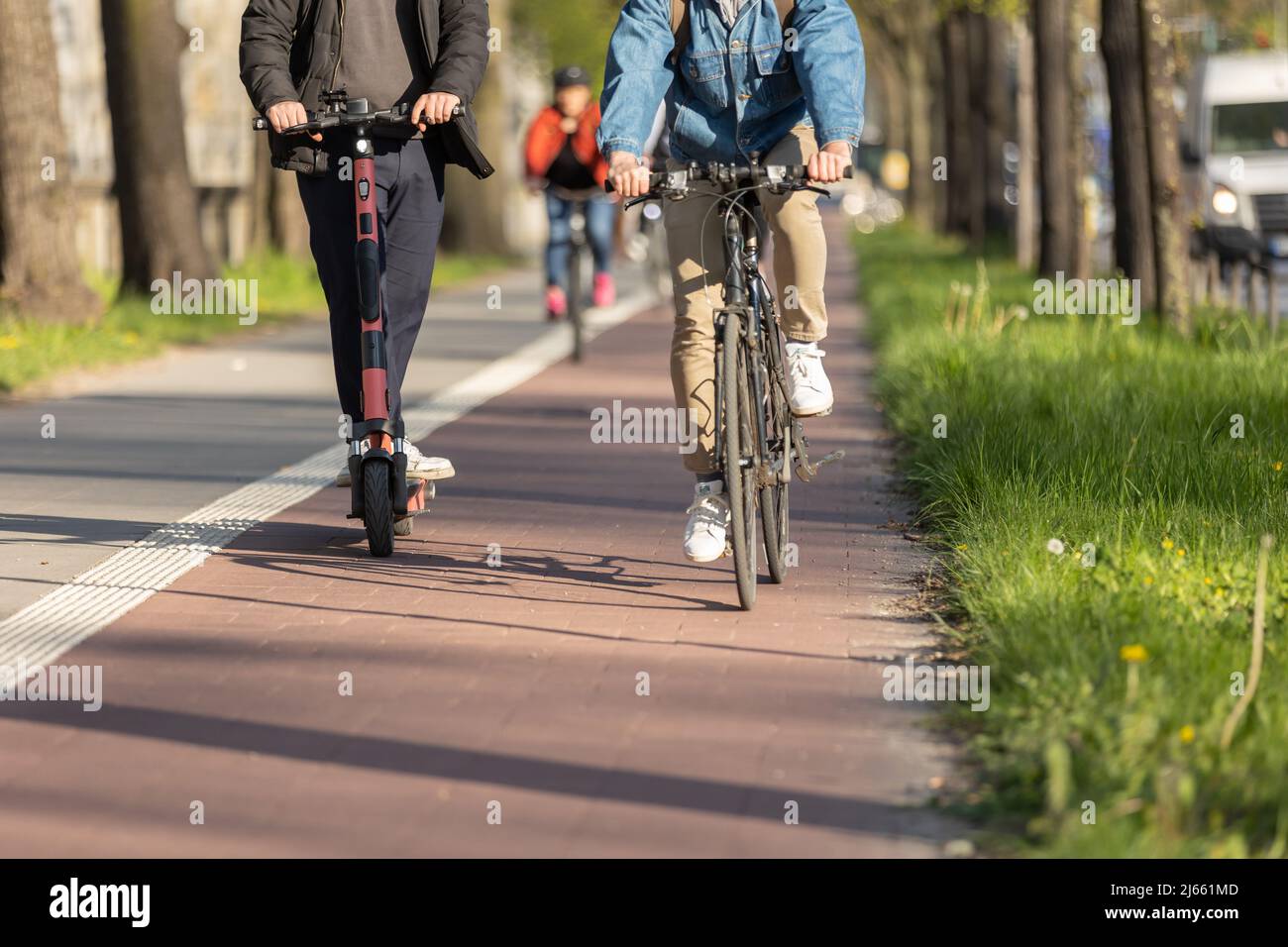 electric scooter next to bike on bike path Stock Photo Alamy