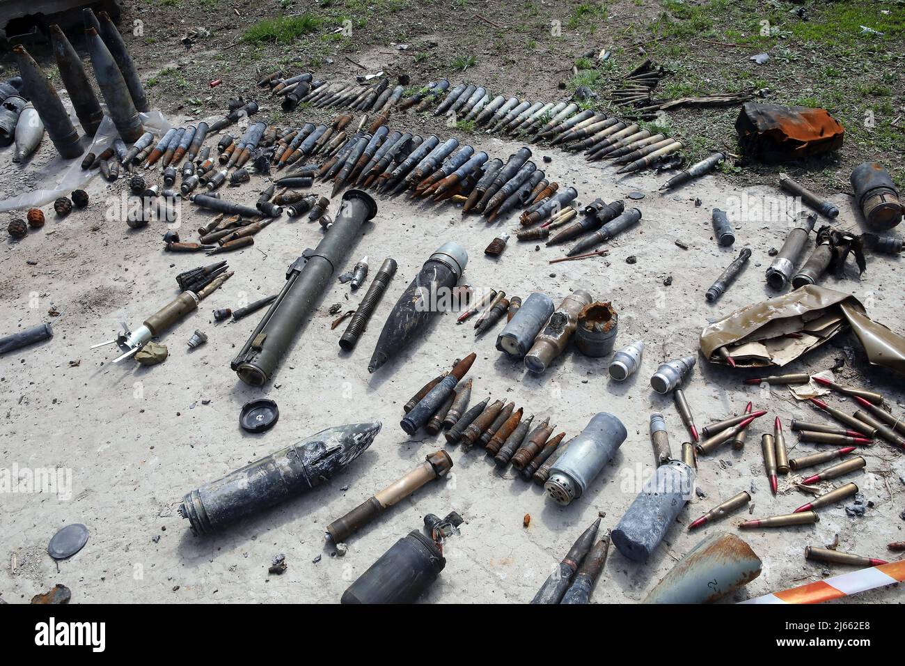 KYIV REGION, UKRAINE - APRIL 27, 2022 - Ammunition is arranged on the premises of Antonov Airport, an international cargo airport that became the site Stock Photo