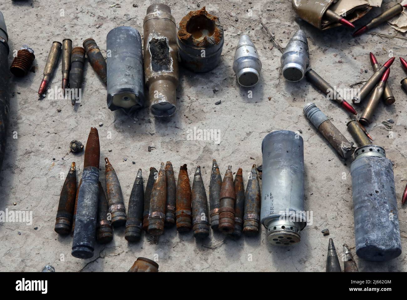 KYIV REGION, UKRAINE - APRIL 27, 2022 - Ammunition is arranged on the premises of Antonov Airport, an international cargo airport that became the site Stock Photo