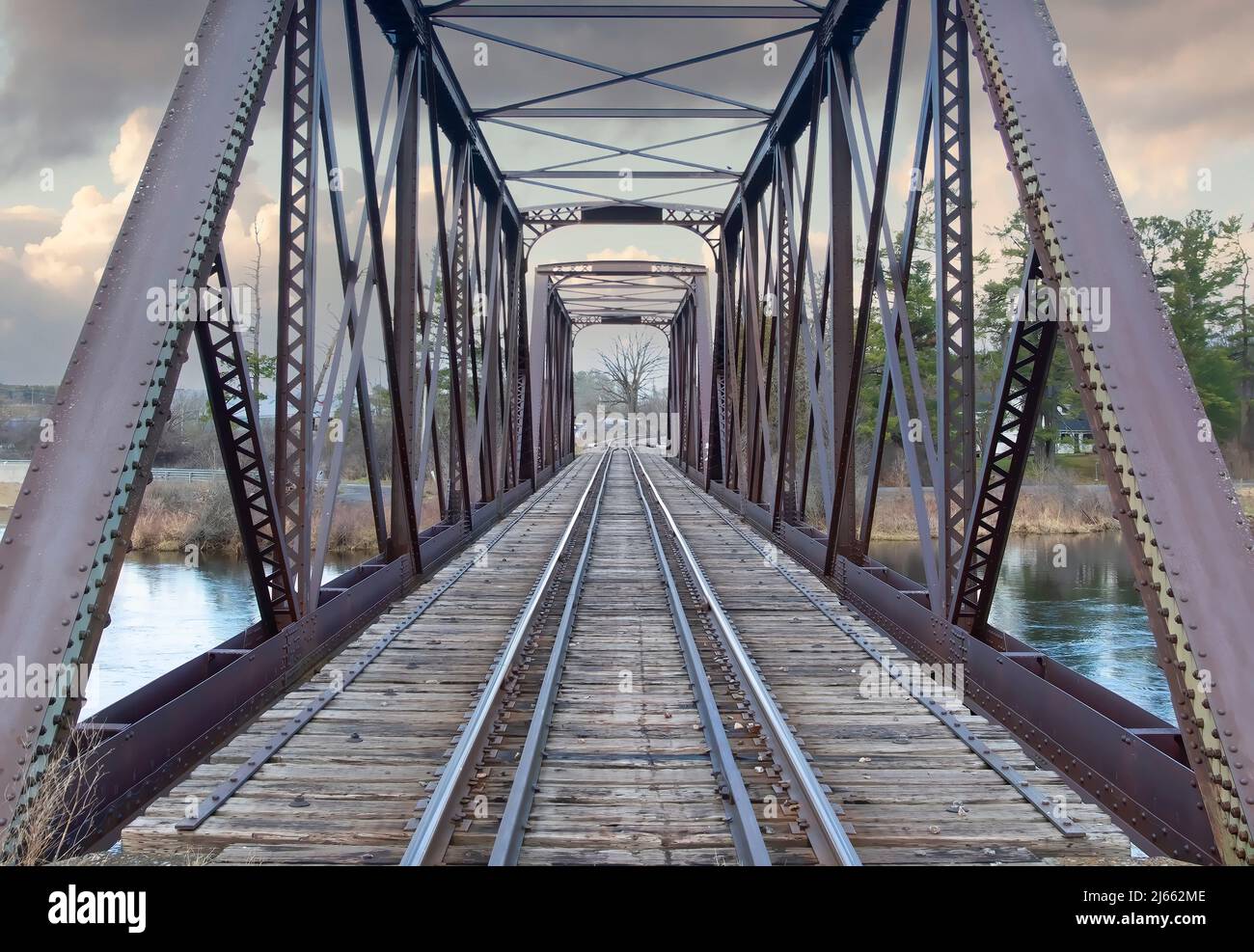 Double span riveted railway truss bridge built in 1893 crossing the