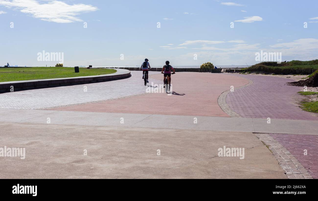 Man woman unrecognizable riding bicycles a rear photograph on beach ocean promenade touring viewing the landscape. Stock Photo