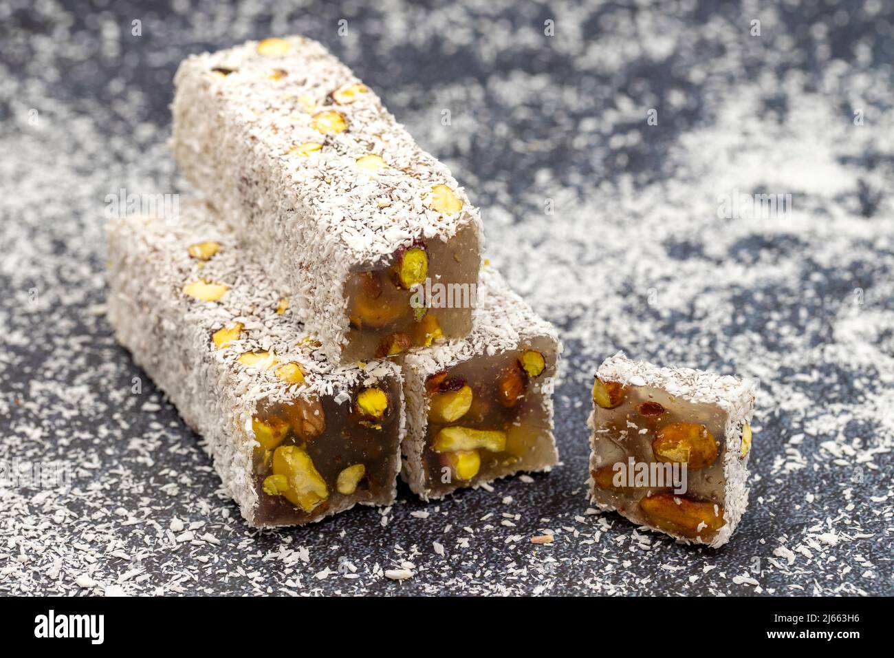 Turkish Delight with Pistachio. Traditional Turkish cuisine delicacies. close up Stock Photo