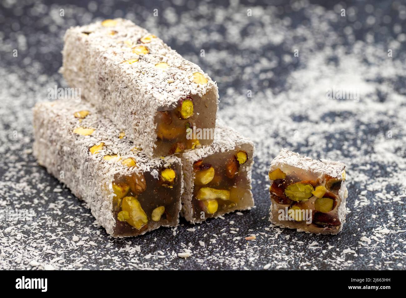 Turkish Delight with Pistachio. Traditional Turkish cuisine delicacies. close up Stock Photo