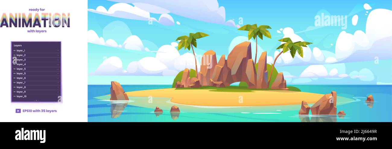 Island in ocean cartoon background ready for animation. Uninhabited isle with beach, palm trees and rocks surrounded with sea water, separated layers Stock Vector