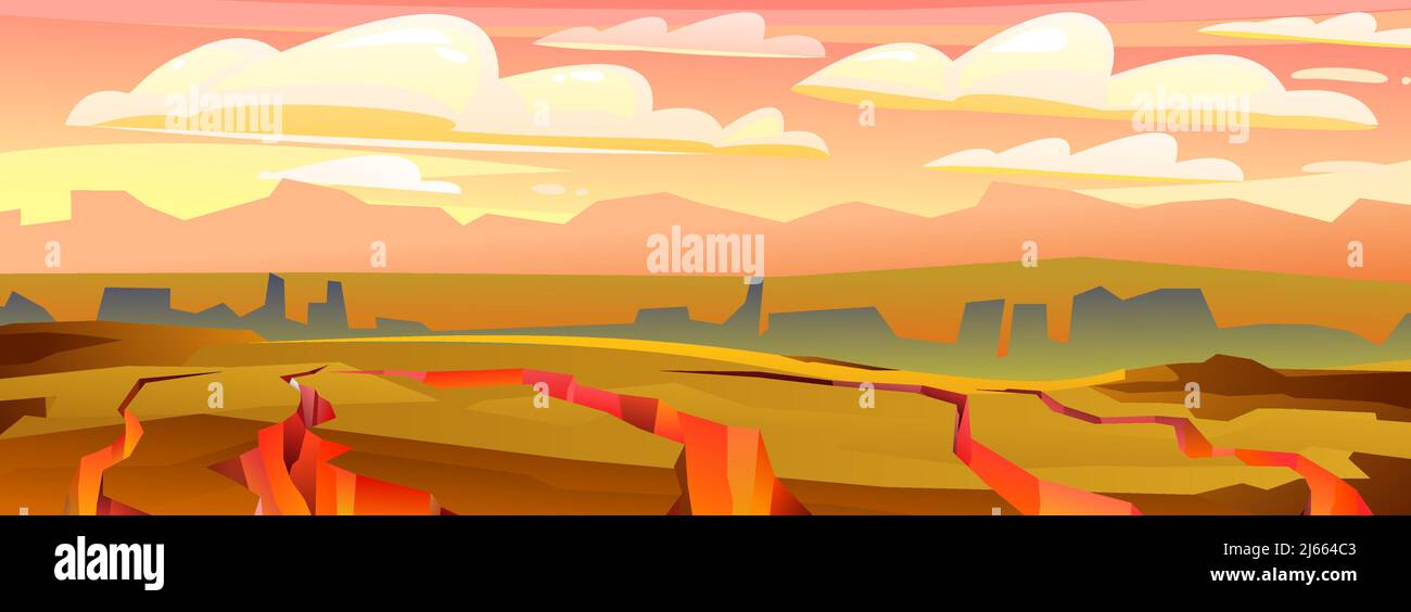 Rocky landscape. Horizon far away. Sharp stone cliffs. View of an uninhabited planet. Cracks in earth crust. Desert during the day. Vector Stock Vector