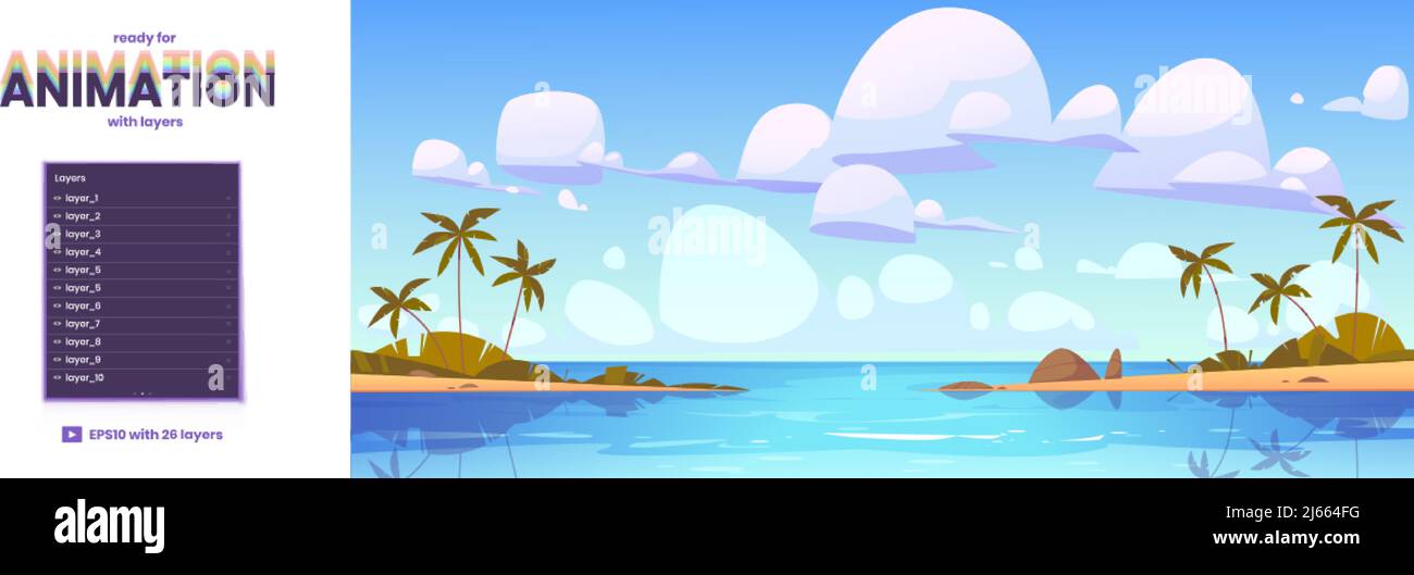 Tropical ocean beach with palm trees. Vector parallax background ready for 2d animation with cartoon seascape, summer landscape with sea lagoon and sa Stock Vector
