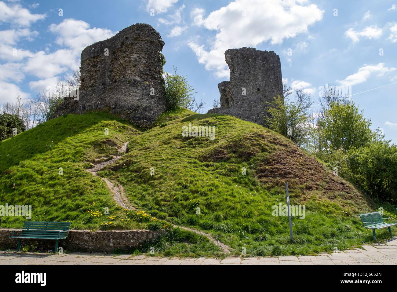 Llandovery Castle is a late thirteenth-century, Grade II listed, castle ruin in the town of Llandovery in Carmarthenshire, Wales. Stock Photo
