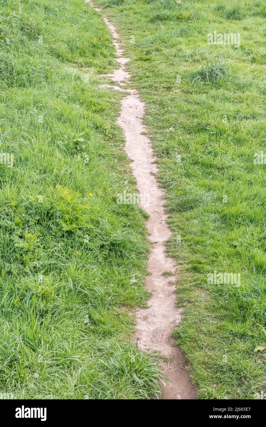 Beaten, heavily trodden, footpath alongside a river bank in UK. For stretching into the distance, career path, taking a hard line, bare earth. Stock Photo