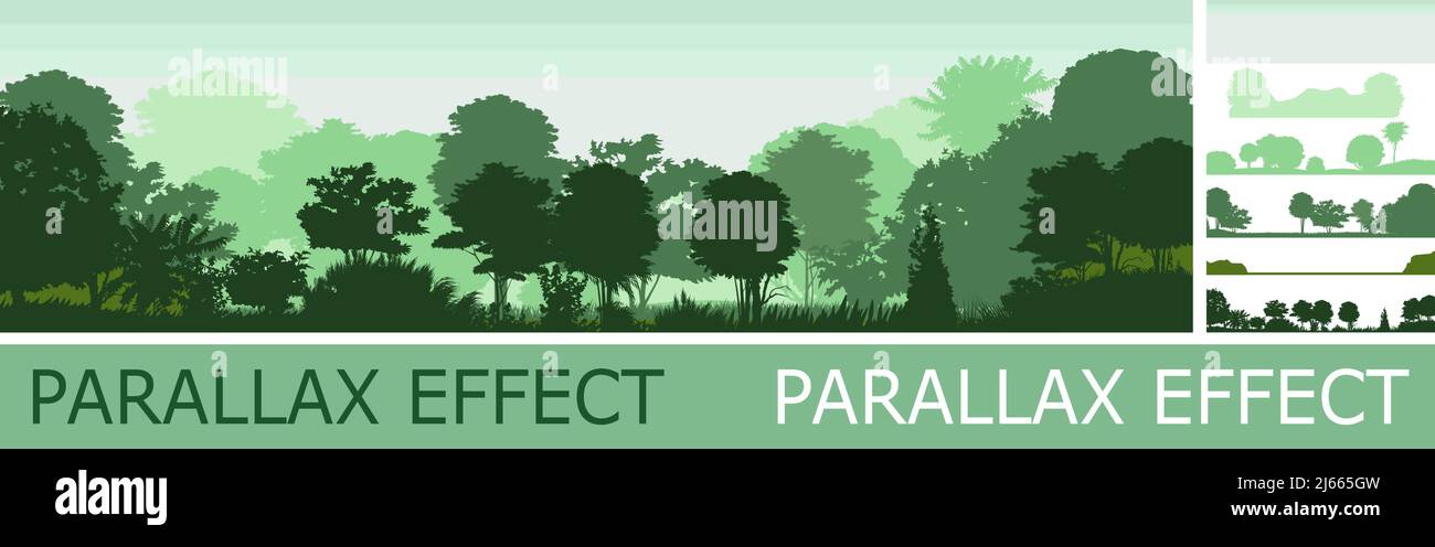 Deciduous forest silhouette with parallax effect. Summer landscape Jungle. Panoramic view. Green scenic. Foliage illustration. Vector Stock Vector
