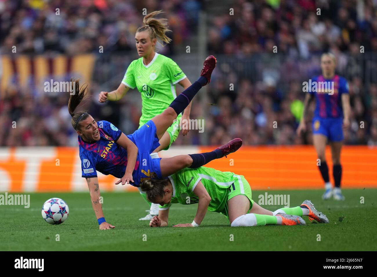 Mariona Caldentey of FC Barcelona and Alexandra Popp of VFL Wolfsburg during the UEFA Womens Champions League, Semi Finals match between FC Barcelona and VFL Wolfsburg played at Camp Nou Stadium on April 22, 2022 in Barcelona, Spain. (Photo by PRESSINPHOTO) Stock Photo