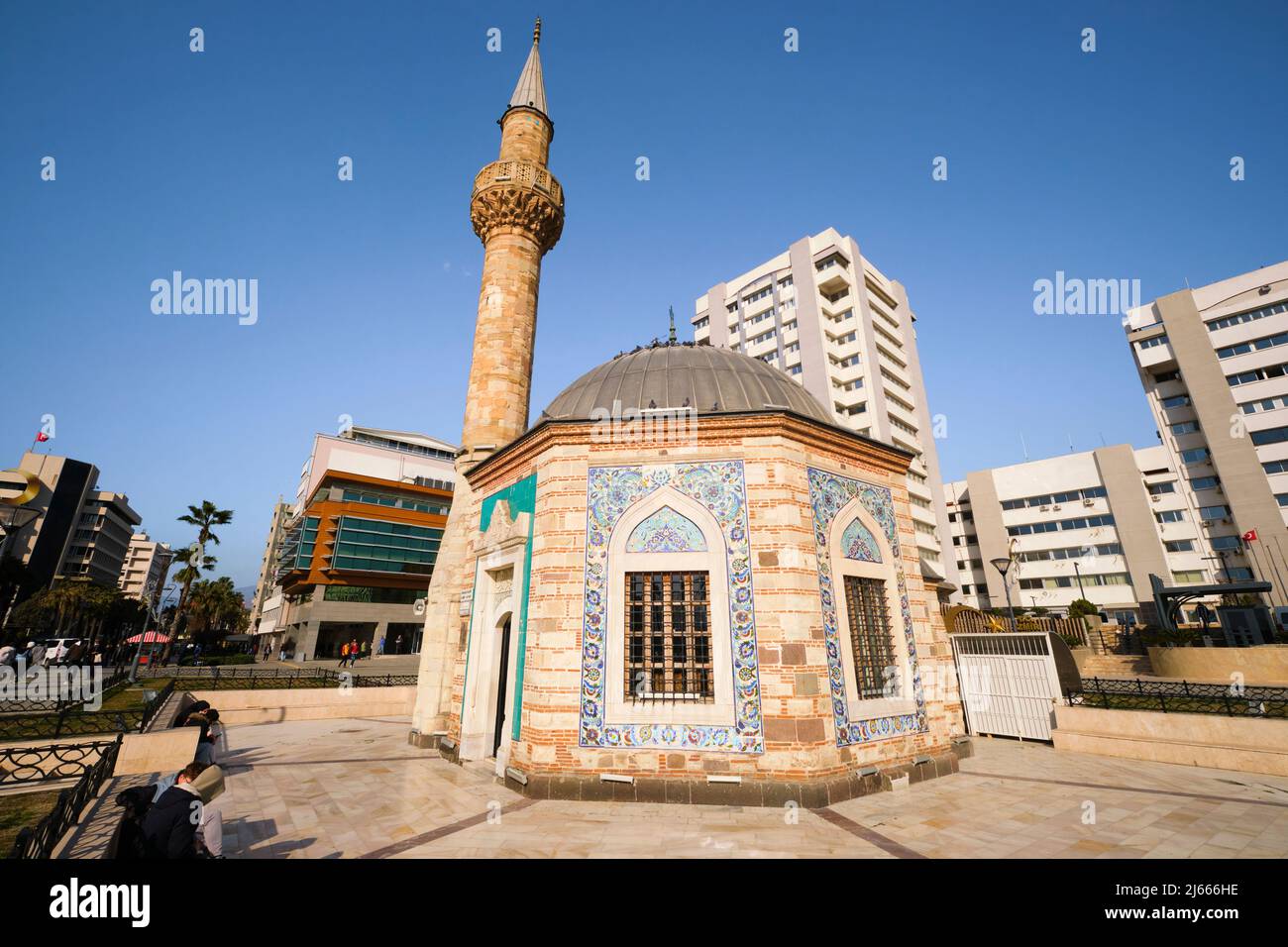 The small, octagonal Konak mosque, cami and minaret. At Konak Meydanı ...