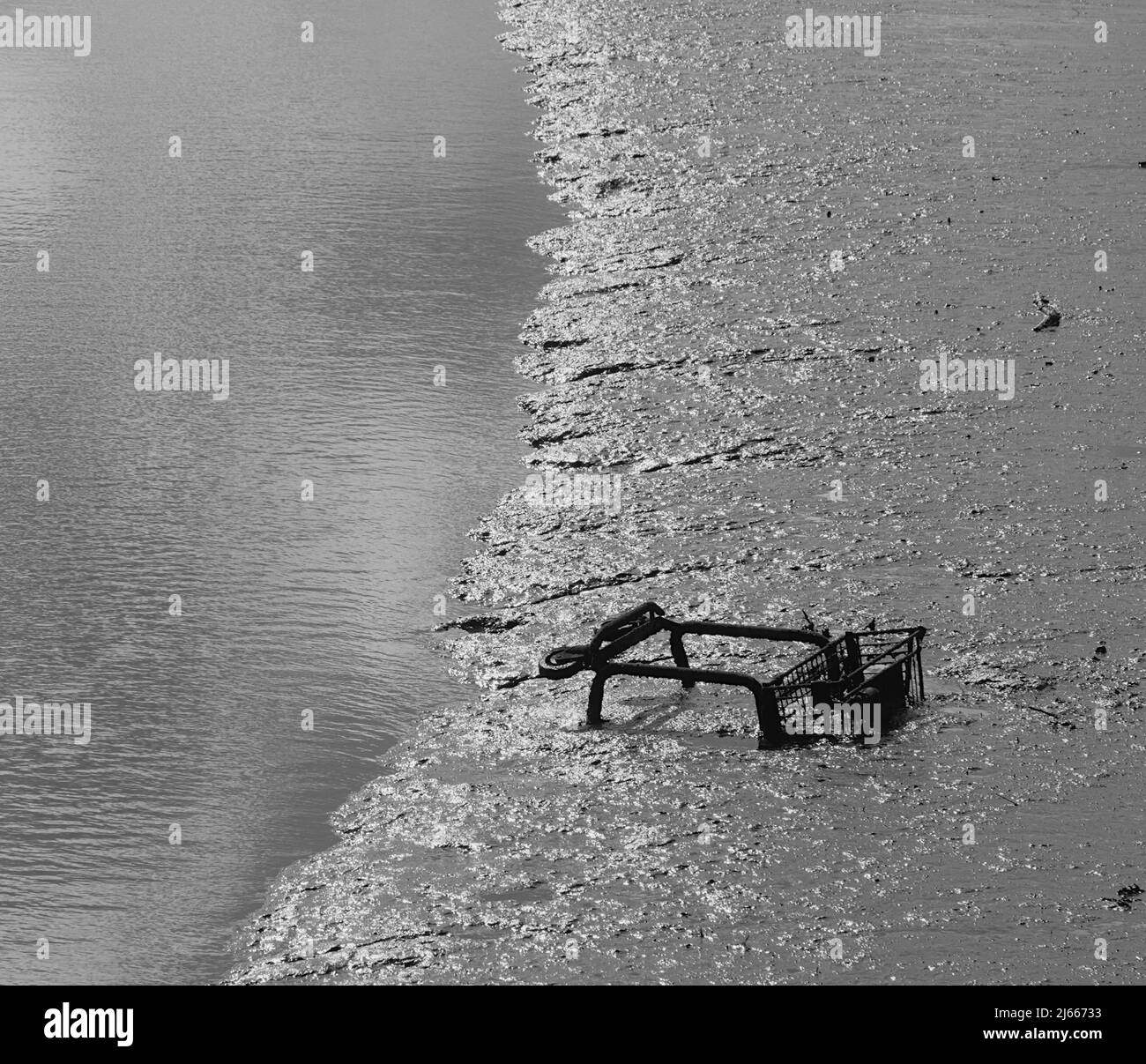 Shopping Trolley Thrown In And Abandoned In The Mud And Water Of Holes Bay Estuary, Poole UK Stock Photo