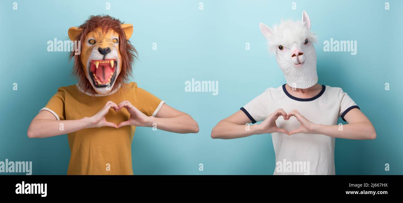 Young woman in lion and alpaca mask show love heart affection hand gesture, isolated on blue background Stock Photo