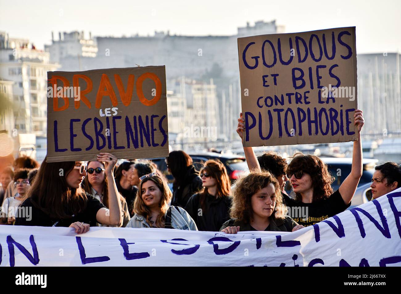 Marseille, France. 26th Apr, 2022. Protesters hold placards and banner  expressing their opinion during the demonstration. Lesbians, bies and dykes  took to the streets in Marseille to protest against lesbophobia. Credit:  SOPA