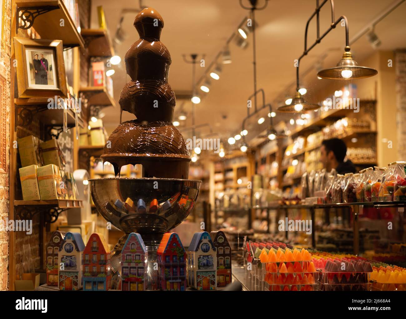 Traditional Belgian chocolate shop window with Chocolate Fountain