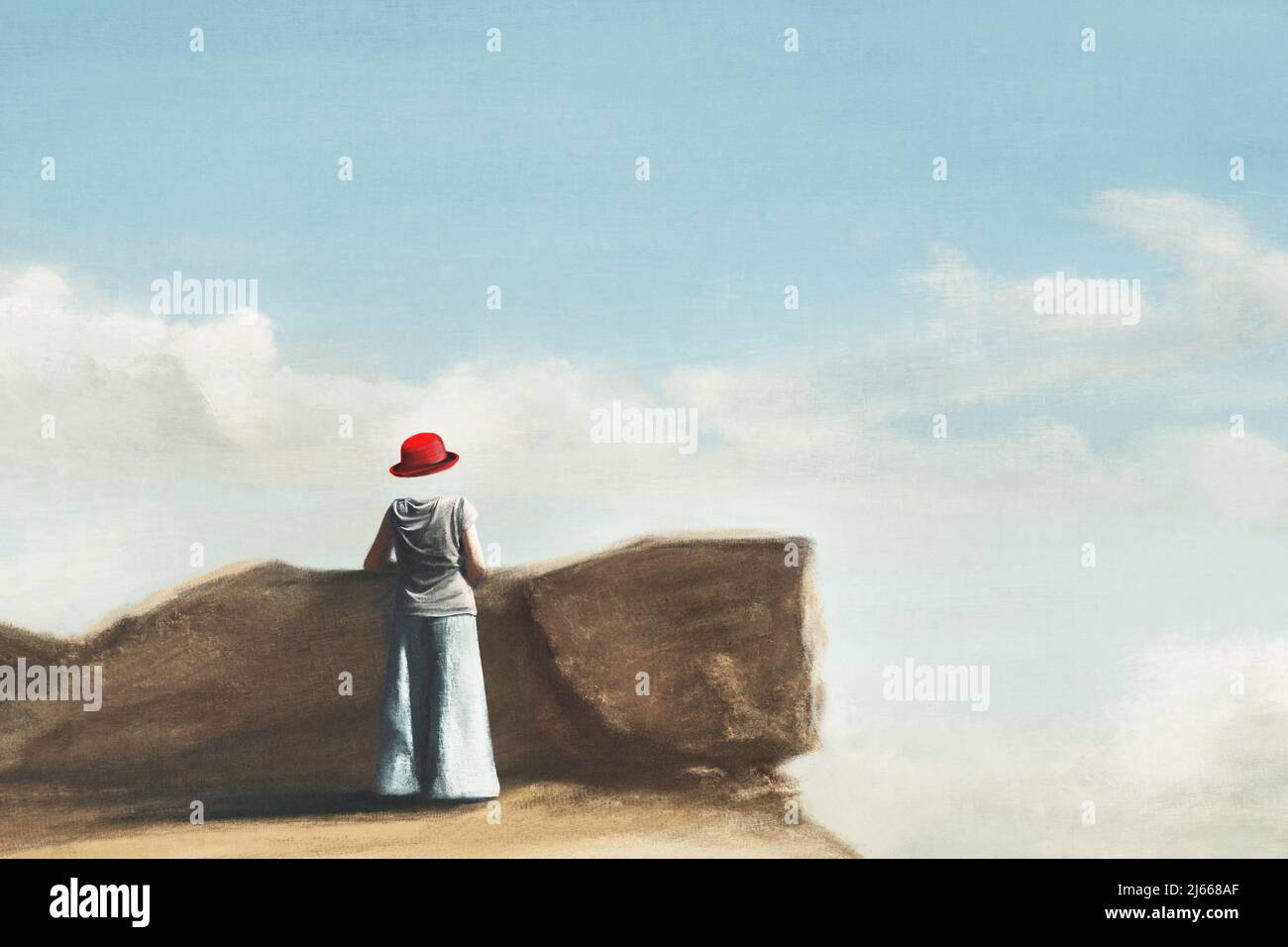 surreal headless woman with red hat looking at infinity, concept of identity and freedom Stock Photo