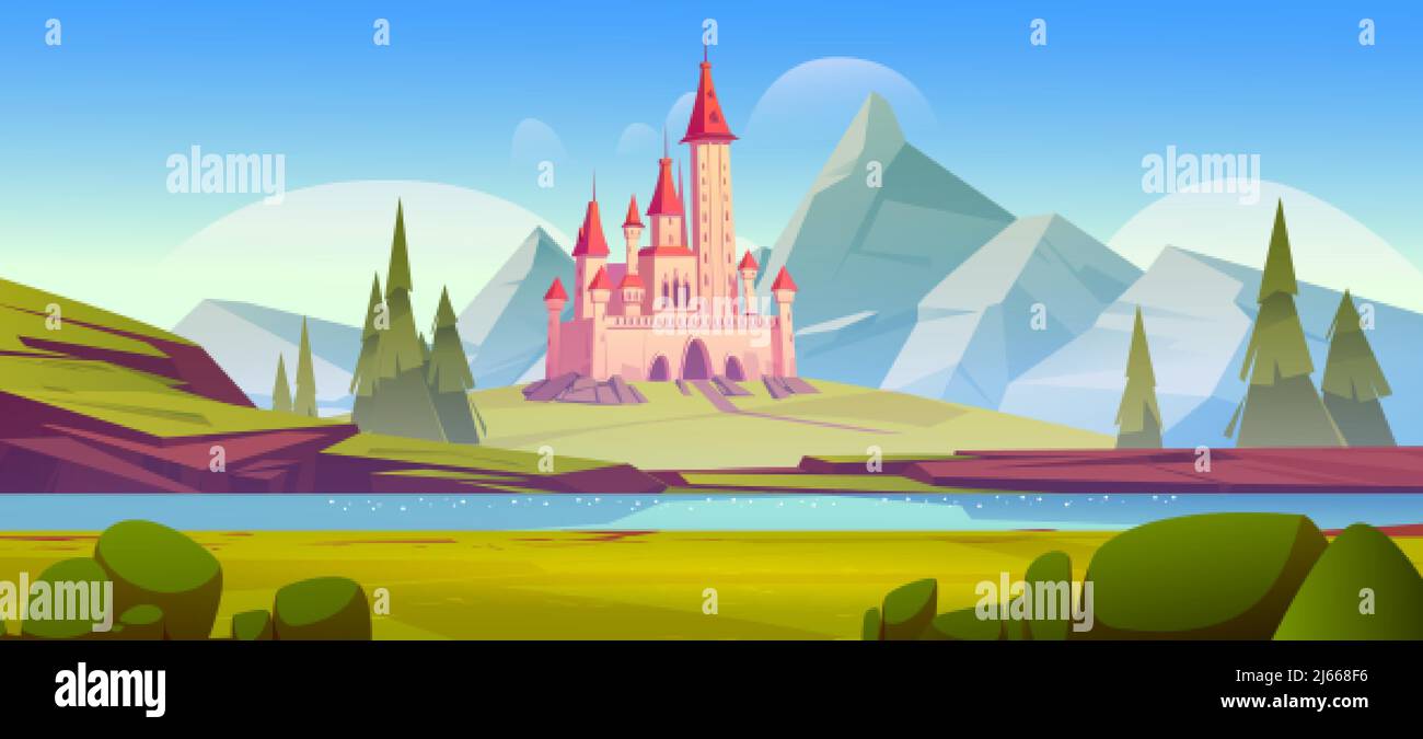 Fairy tale castle in mountain valley with river and coniferous trees. Vector cartoon illustration of summer landscape with rocks, water stream, green Stock Vector