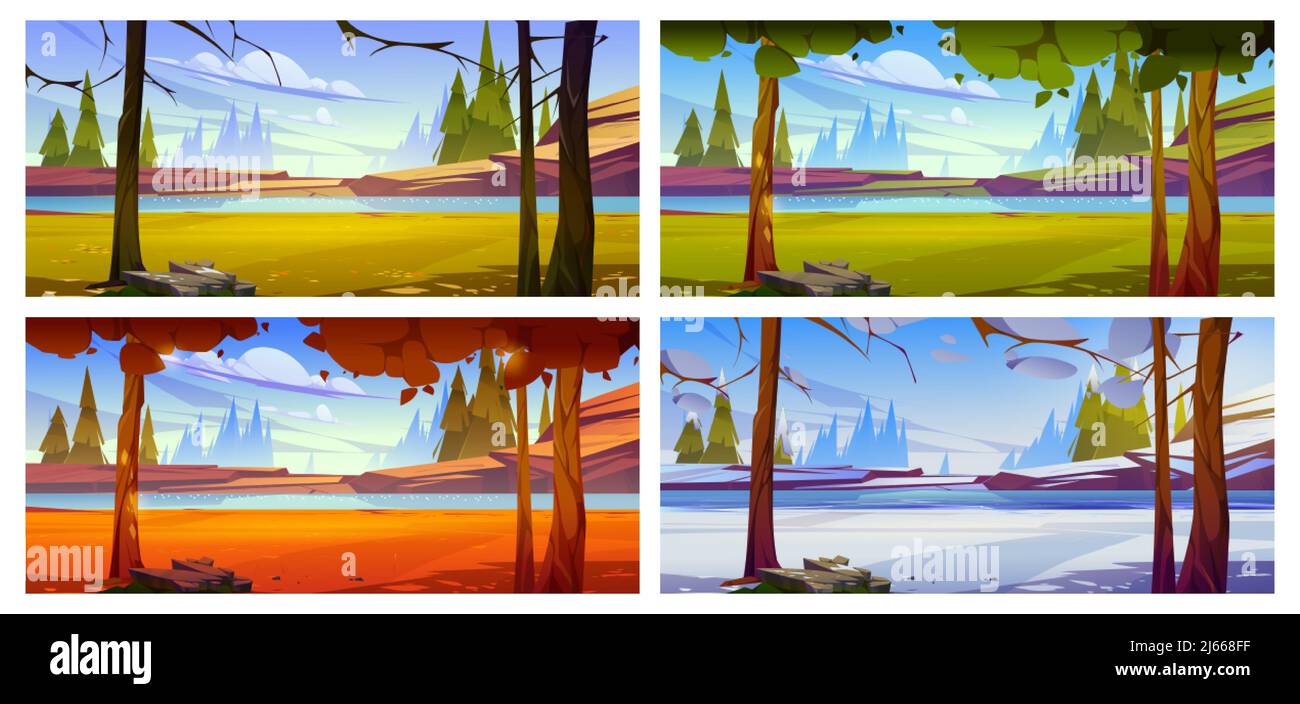 Cartoon nature landscape trees, rocks and river or lake at spring, summer, autumn and winter time. Scenery background at year seasons with pond and sp Stock Vector