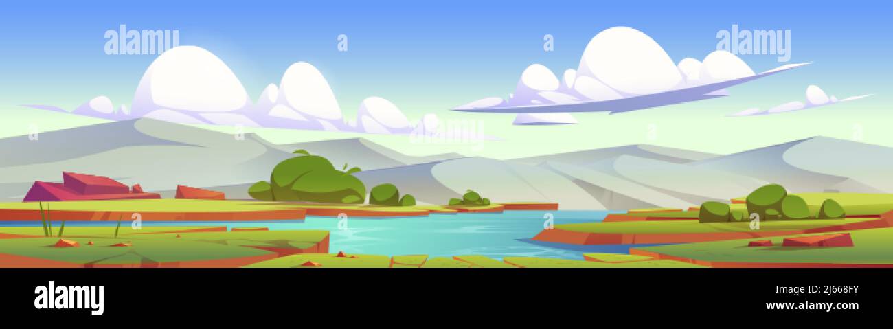 Summer landscape of valley with river, green grass, bushes, and mountains on horizon. Vector cartoon illustration of nature scene with water stream, m Stock Vector