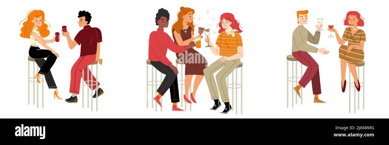 People sitting on stools in bar and drink alcohol. Vector flat illustration of happy women and men with wine and beer in restaurant or cafe. Concept o Stock Vector