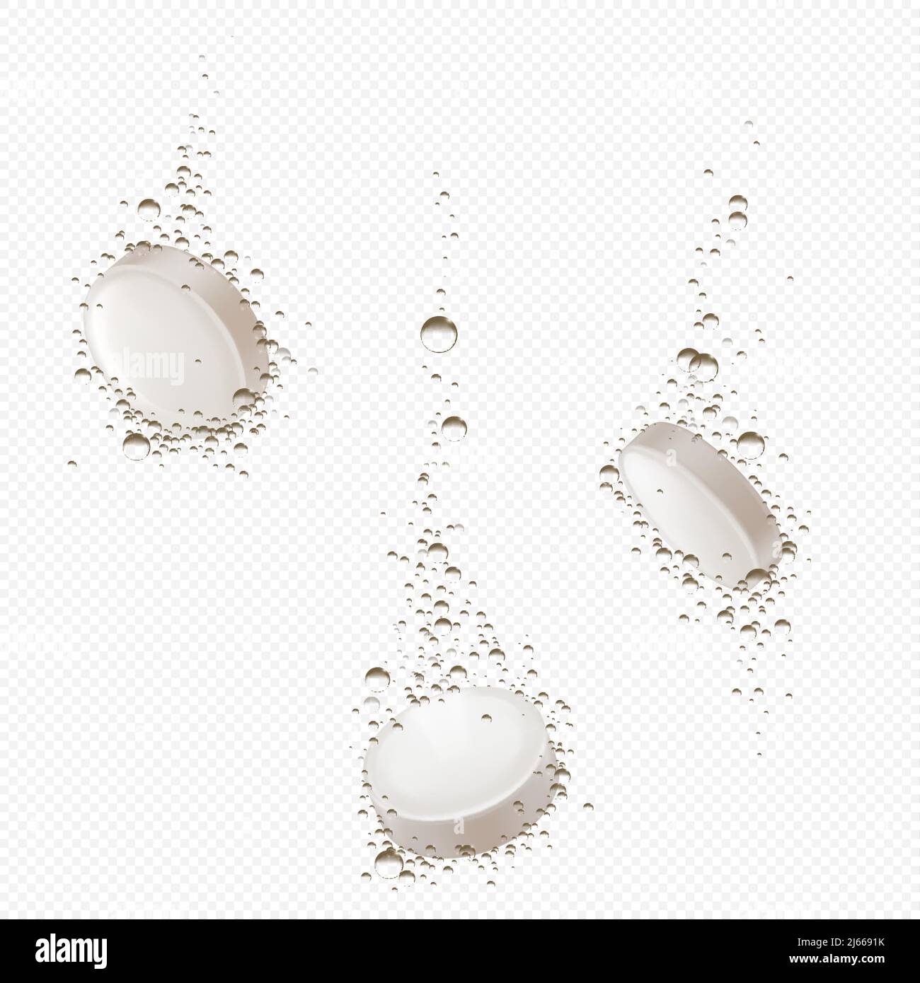 Effervescent soluble pills dissolve in water. Vector realistic mockup