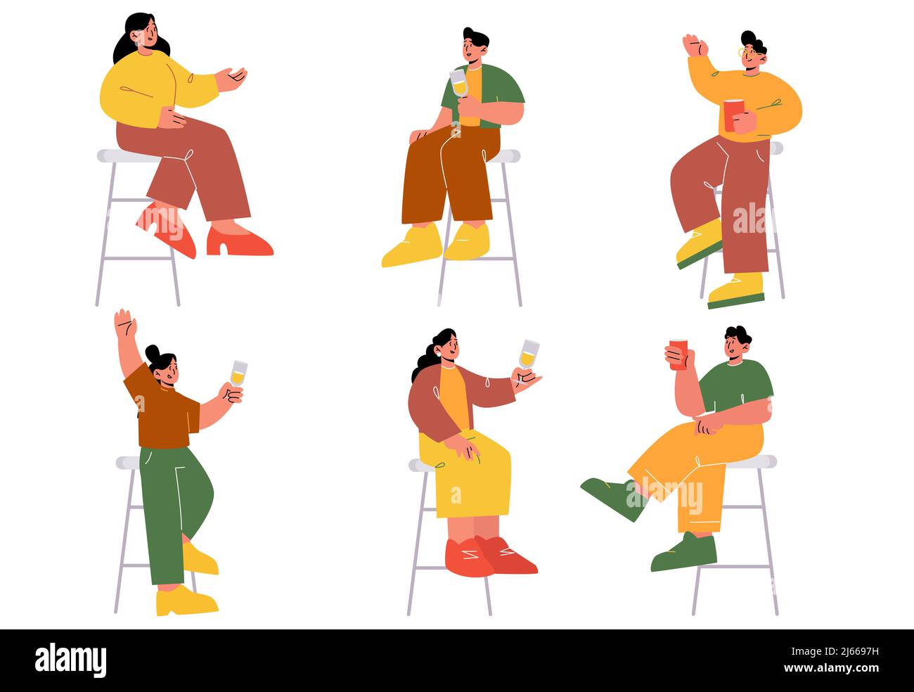 People with wine and drinks sitting on stools in bar or pub. Vector flat illustration of happy characters with champagne glasses drink and talk in res Stock Vector