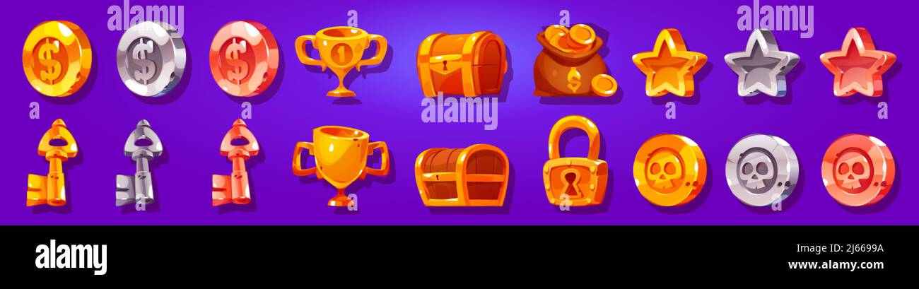 Game icons cartoon coins of gold, silver and bronze with skull or dollar. Golden trophy cup, rate stars, treasure chest, padlock and money sack. Award Stock Vector