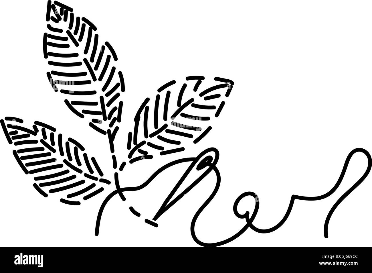 Embroidered, handdrawn doodle in sketch style. Needle and thread