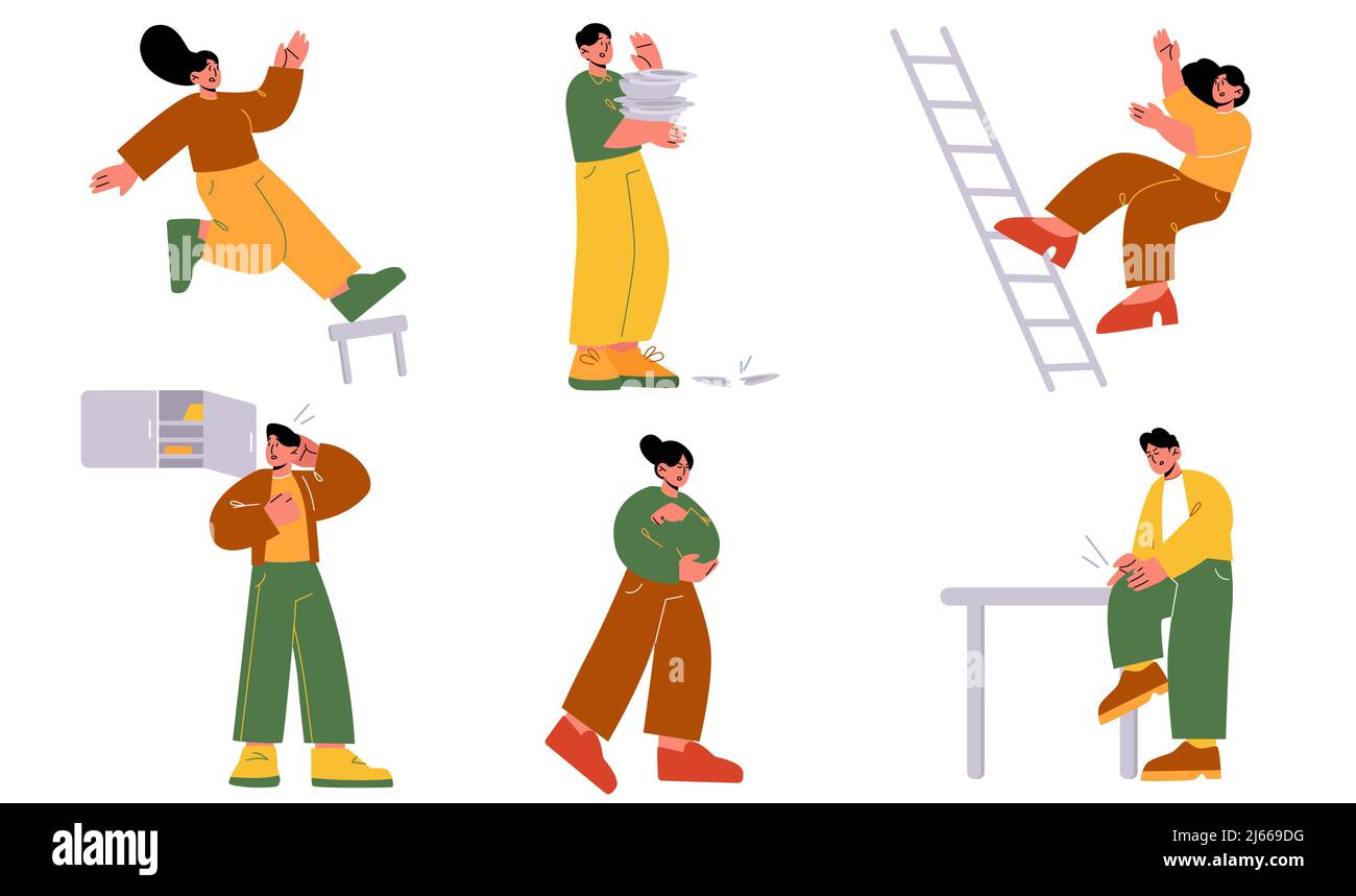 Clumsy people unexpected accidents, male and female characters fall down  from ladder or stool, smash dishes, hit foot, elbow or head by furniture.  men Stock Vector Image & Art - Alamy