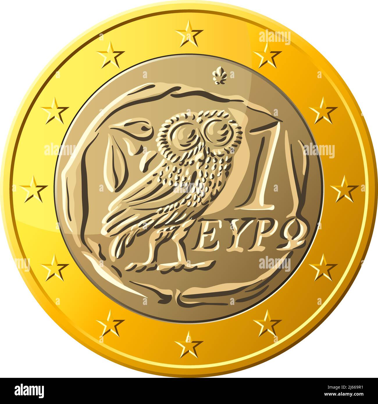Greek money gold coin euro with the image of an owl - the emblem of Pallas Athena, a symbol of wisdom and the olive branch Stock Vector