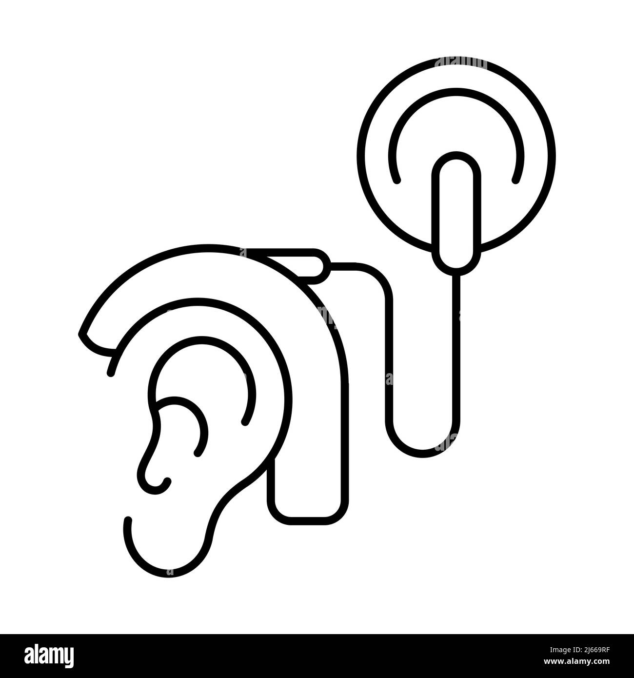 Cochlear implant line icon. Human ear with electronic device that stimulates nerve for hearing. Hearing impairment therapy. Surgery. Vector, clip art. Stock Vector