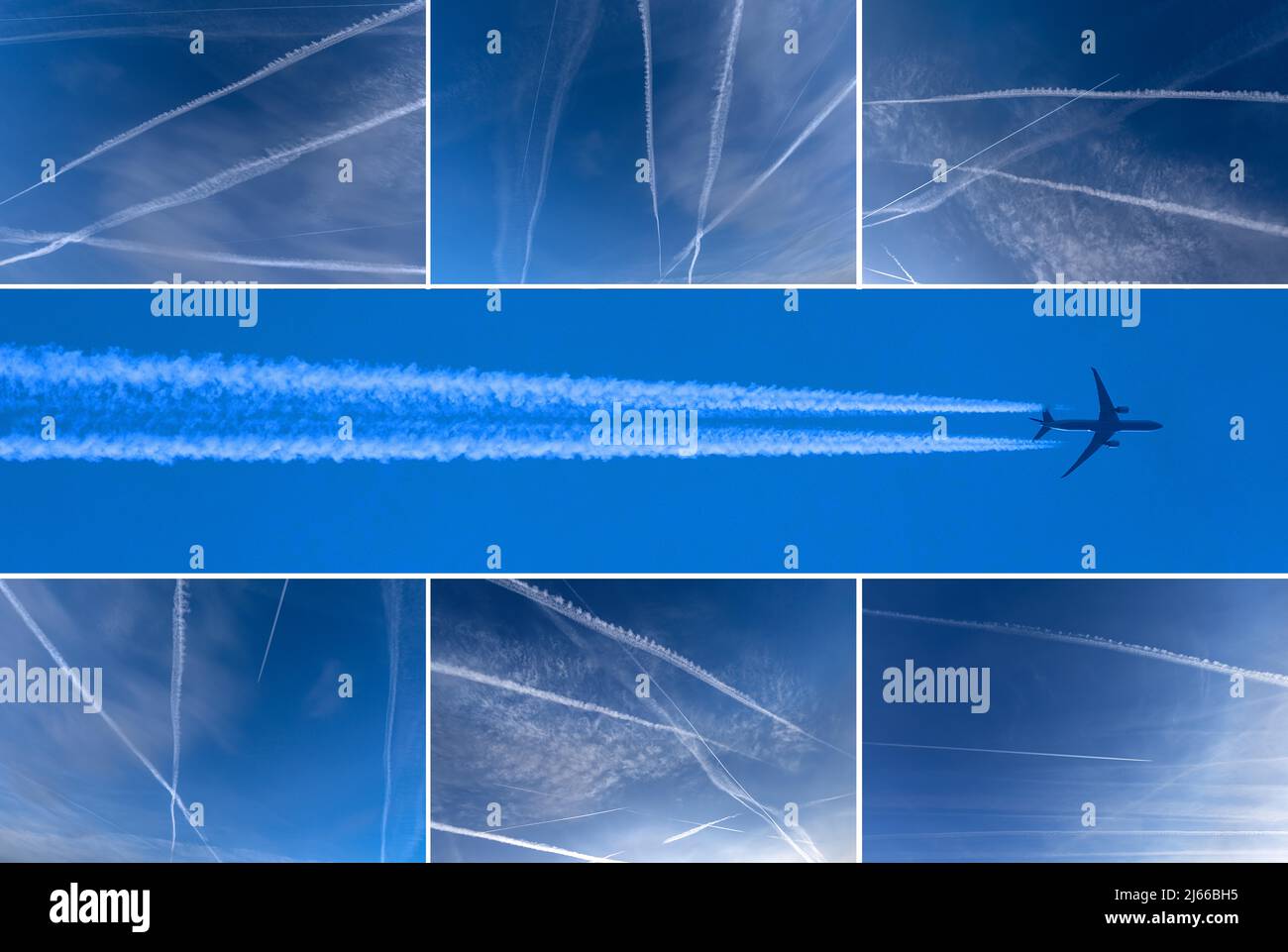 Verkehrflugzeug und Kondensstreifen, blauer Himmel, Bayern, Deutschland, Coillage Stock Photo