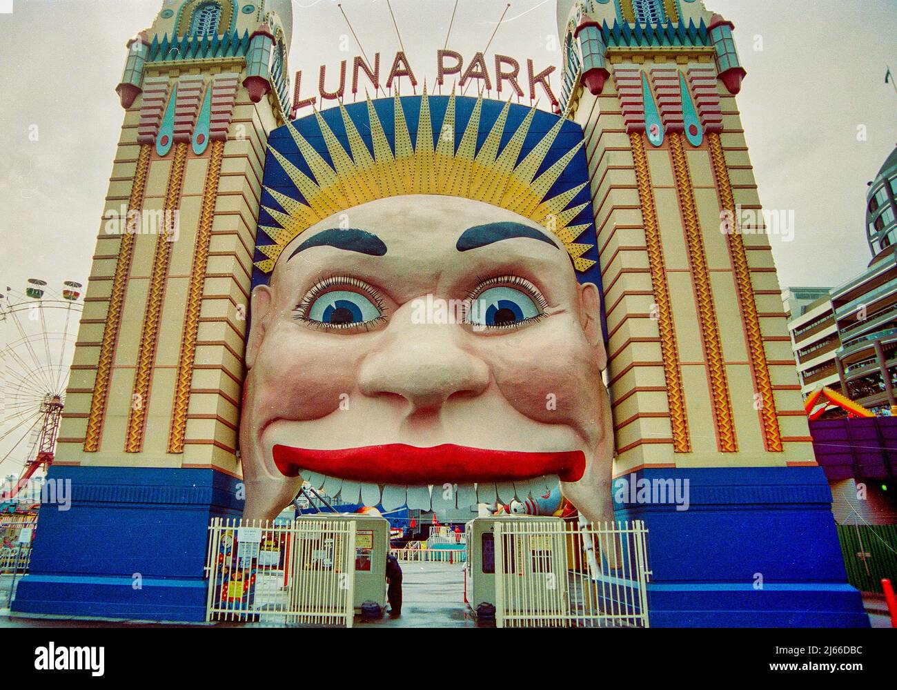Huge face of a Clown at the entrance of the Luna Park amusement park, in Sydney, Australia Stock
