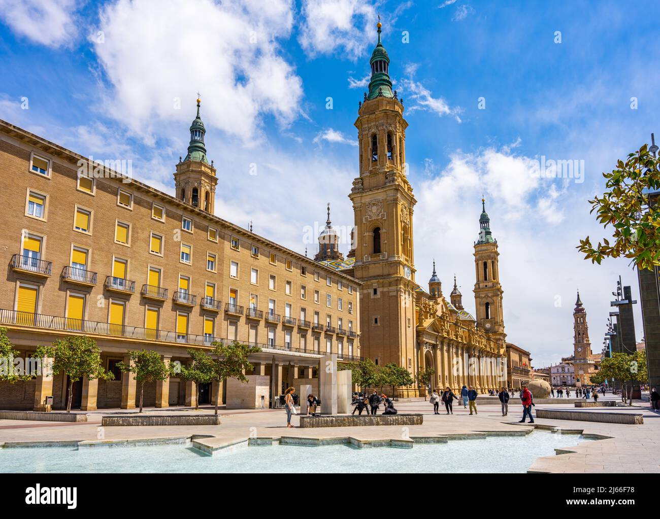 Zaragoza, Spain - April 21 2022 - The Basilica of Our Lady of the Pillar seen from the Plaza (square) de Nuestra Señora del Pilar Stock Photo