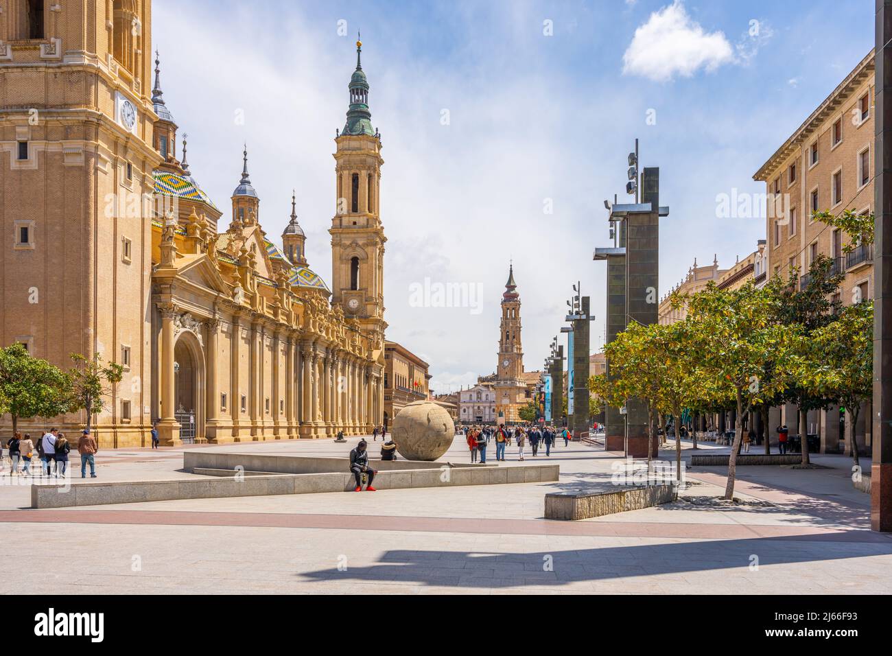 Zaragoza, Spain - April 21 2022 - The Basilica of Our Lady of the Pillar seen from the Plaza (square) de Nuestra Señora del Pilar Stock Photo