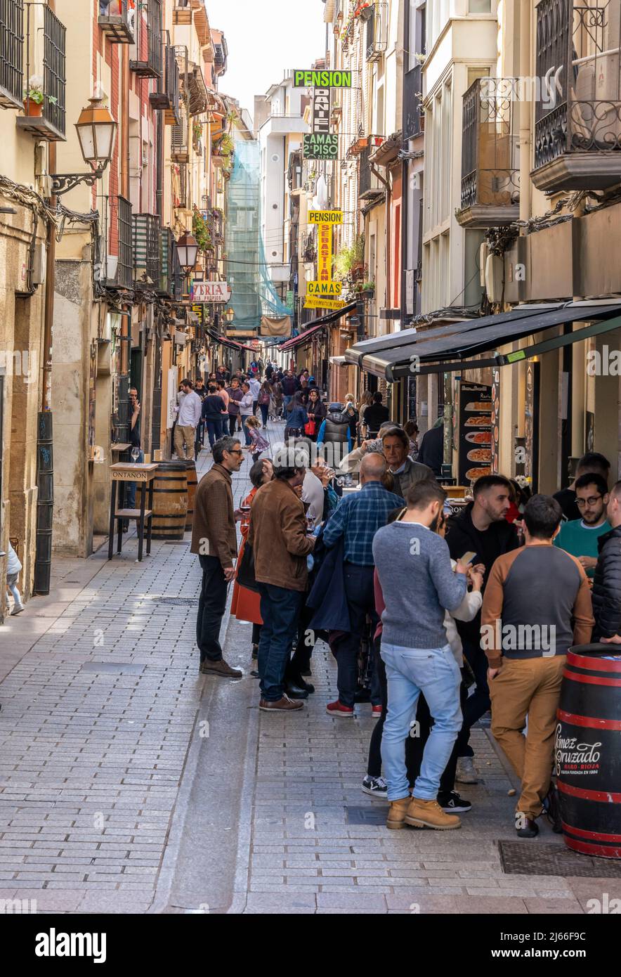 Estella, Spain April 24 2022 Locals and tourists eating and