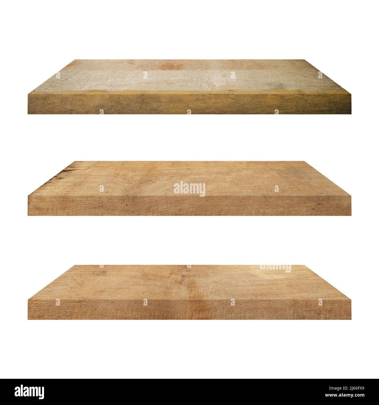 3 old wood shelf table isolated on white background and display montage ...