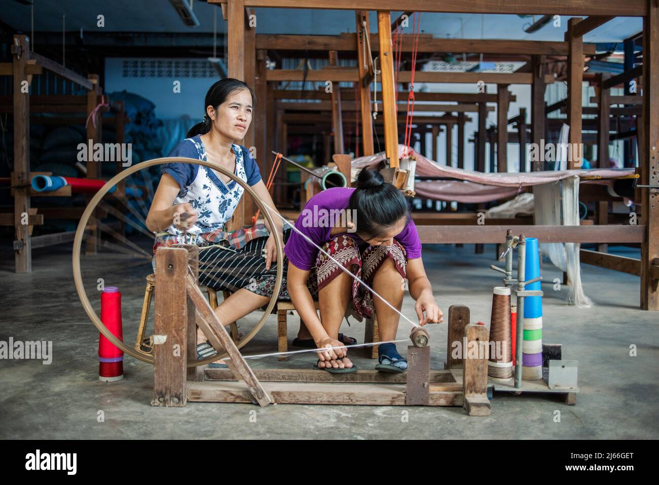 Silk weaving process at the Mai Savanh Lao in Vientiane, Laos