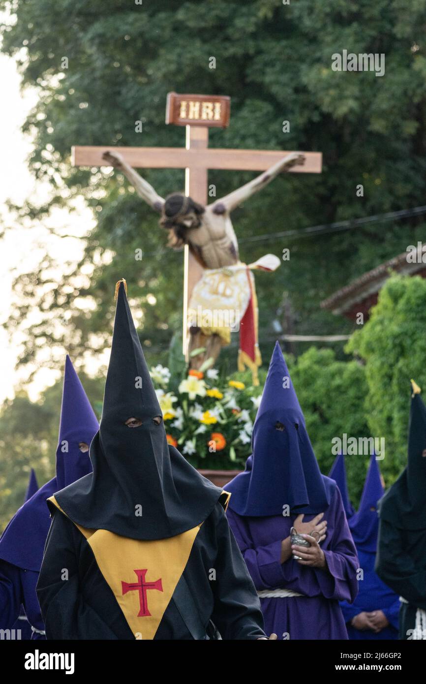 Roman Catholic Hooded Penitents Wearing Traditional Capirotes Carry A