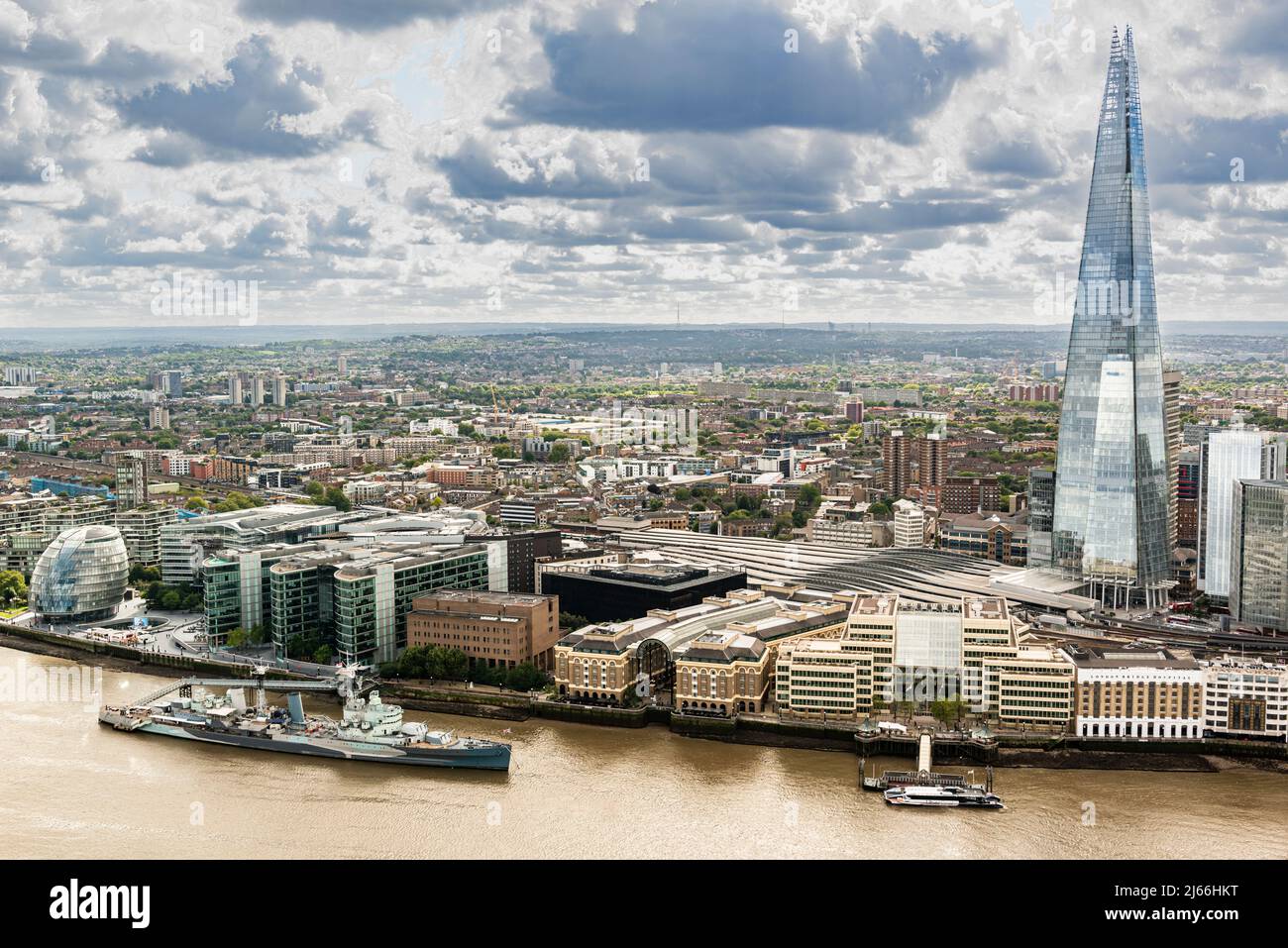 HMS Belfast and The Shard in London viewed from the Walkie Talkie building. Stock Photo