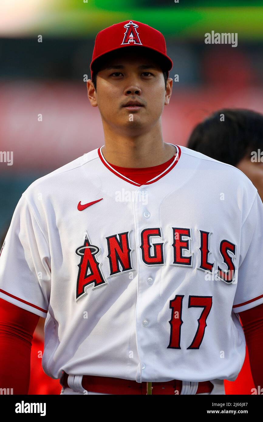Los Angeles Angels pitcher Shohei Ohtani (17) walks from the bullpen to the dugout prior to an MLB regular season game against the Cleveland Guardians Stock Photo