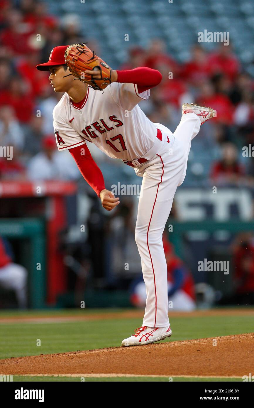 Los Angeles Angels pitcher Shohei Ohtani (17) pitches the ball during an MLB regular season game against the Cleveland Guardians, Wednesday, April 27t Stock Photo