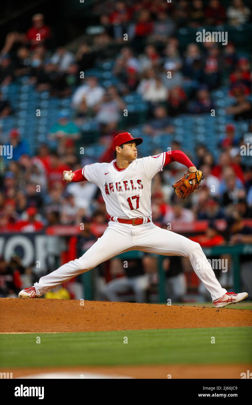 Los Angeles Angels pitcher Shohei Ohtani (17) pitches the ball during an  MLB regular season game against the Cleveland Guardians, Wednesday, April  27t Stock Photo - Alamy