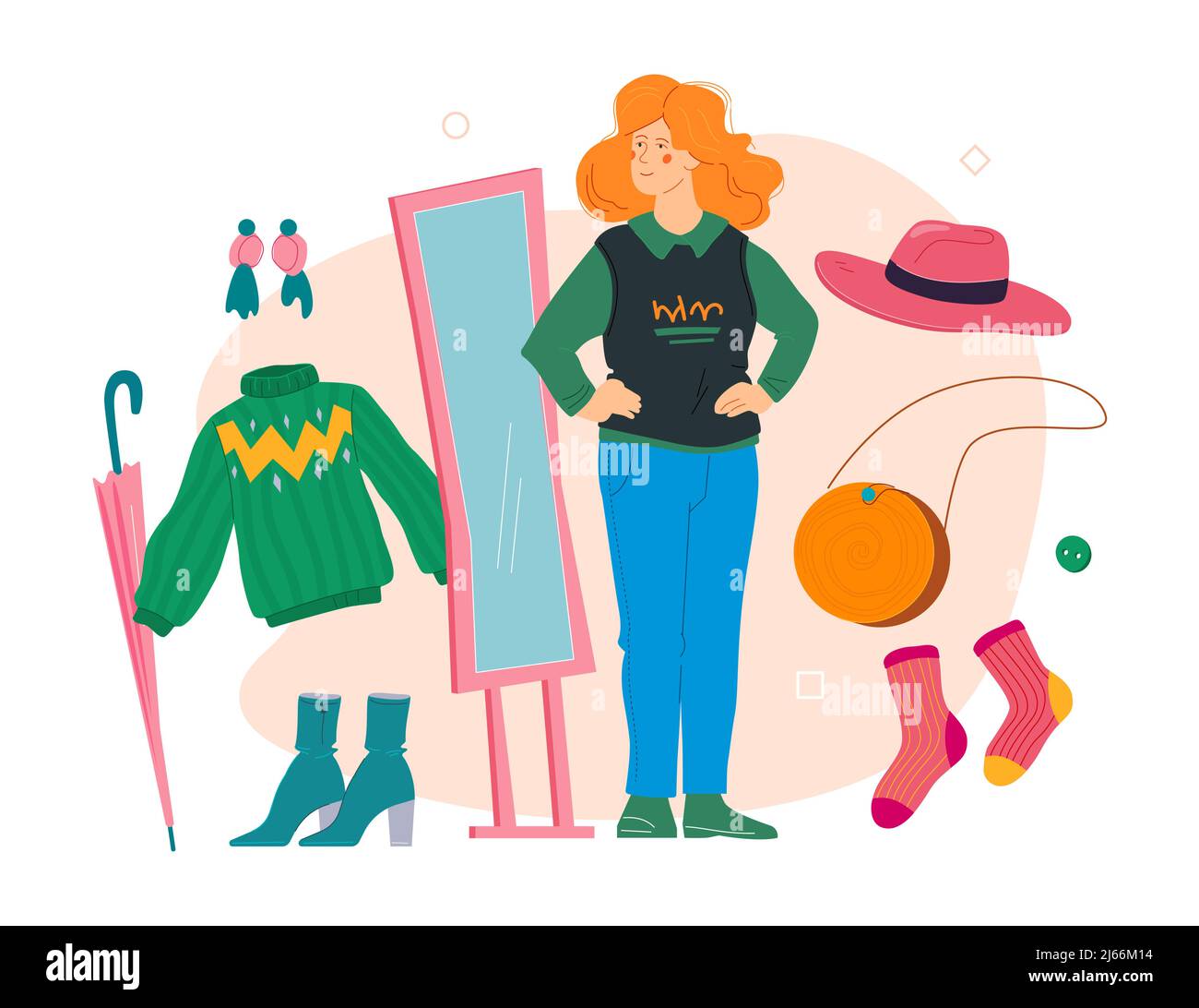 Trying on clothes and accessories - modern colored vector poster Stock Vector