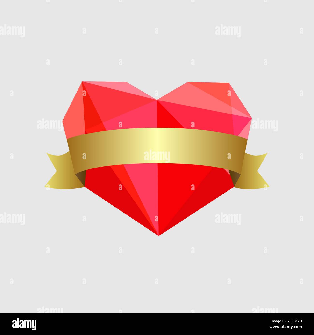 Creative heart icon. Heart lovely stained-glass red colored shape and  shiny gold ribbon. Isolated abstract graphic design template. Decorative empty Stock Vector