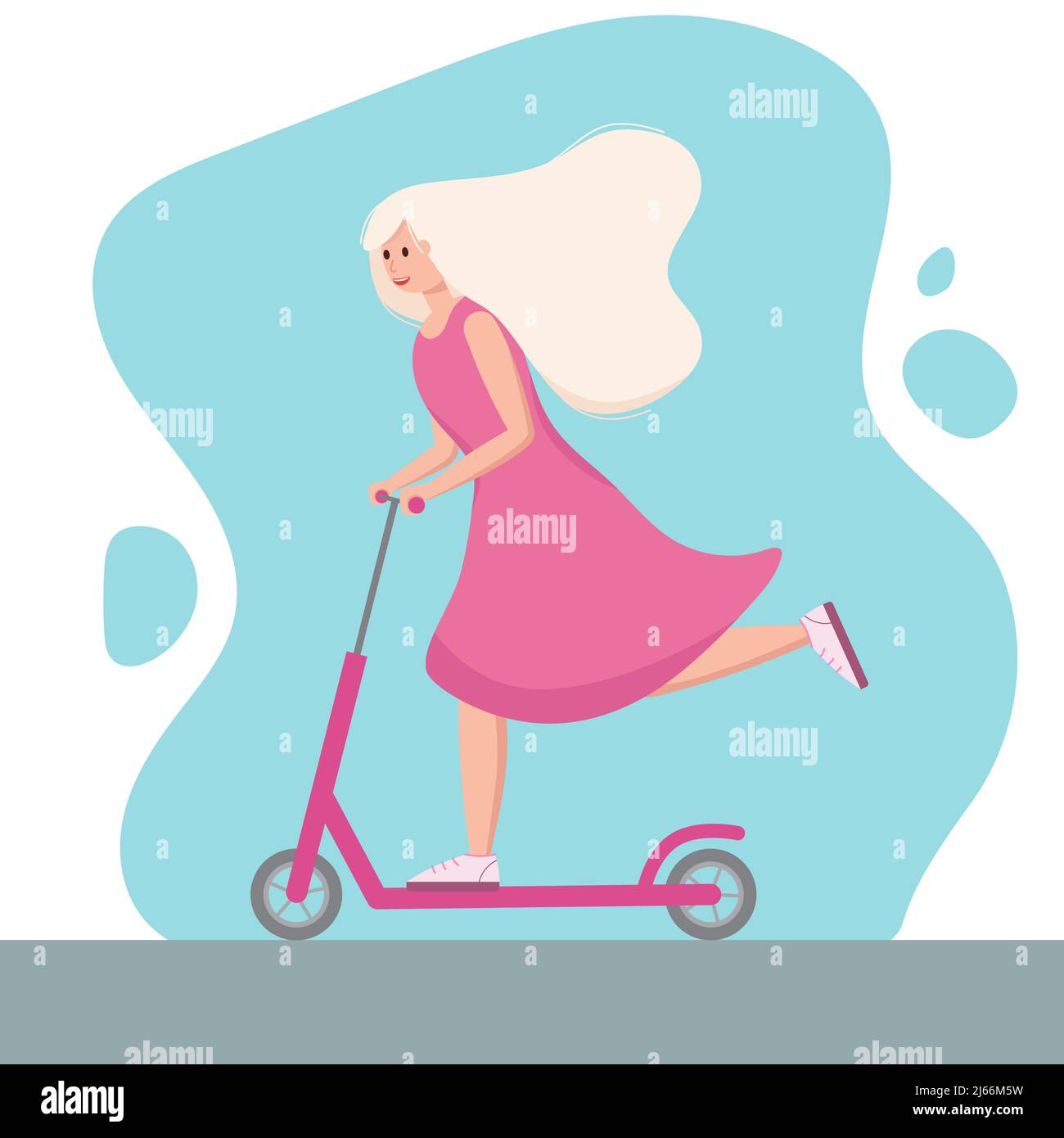 Young woman with beautiful blonde hair riding kick scooter. Nice girl in pink dress. Sports outdoor activity, active vacation. Personal electric and Stock Vector