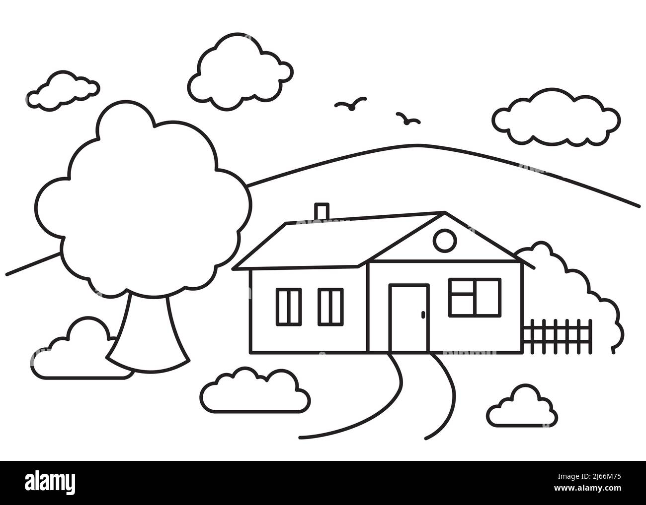 Line art landscape, village house, trees, plants, clouds and birds. Stroke, outline drawn illustration. Farm, agricultural landscape. Summer time Stock Vector